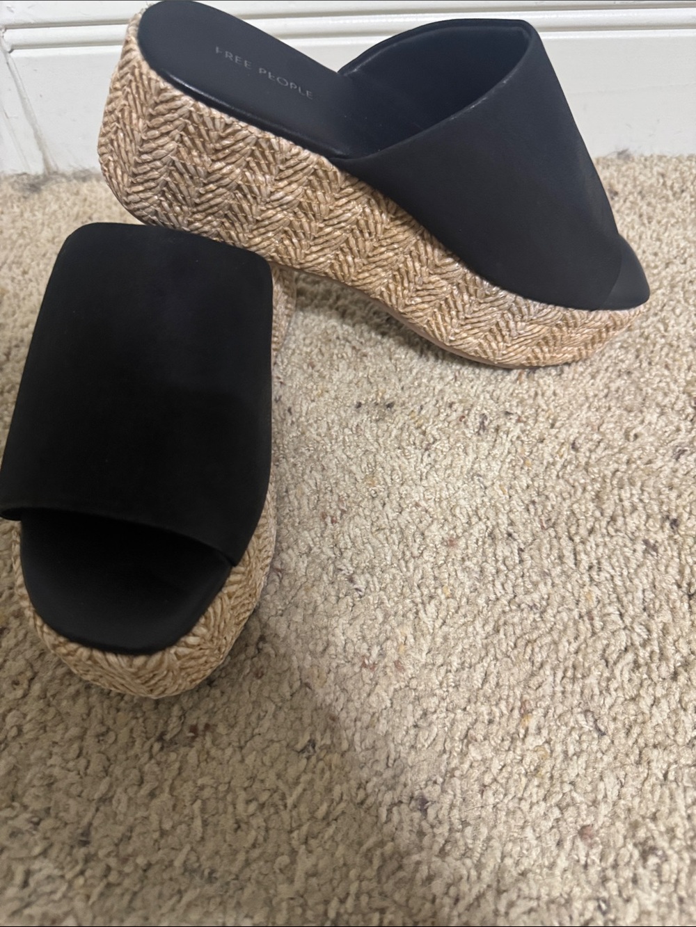 Free People Black Slide Platform Wedges with Natural Espadrille Sole